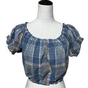American Eagle Top Medium Blue White Plaid Linen Blend Crop Off The Shoulder NWT